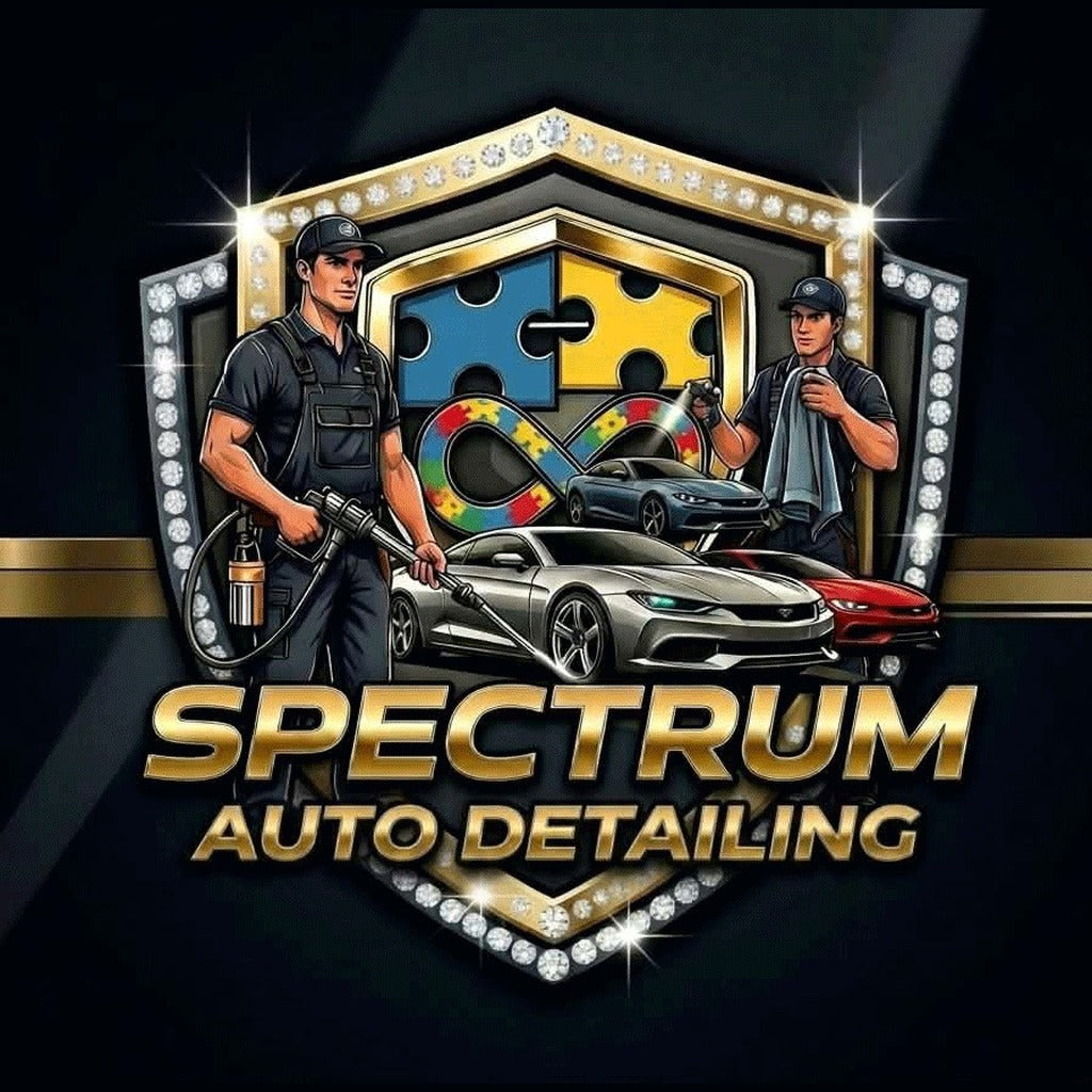 Spectrum Auto Detailing crest: two detailers at work with the motto trust is earned, we earn it with every detail